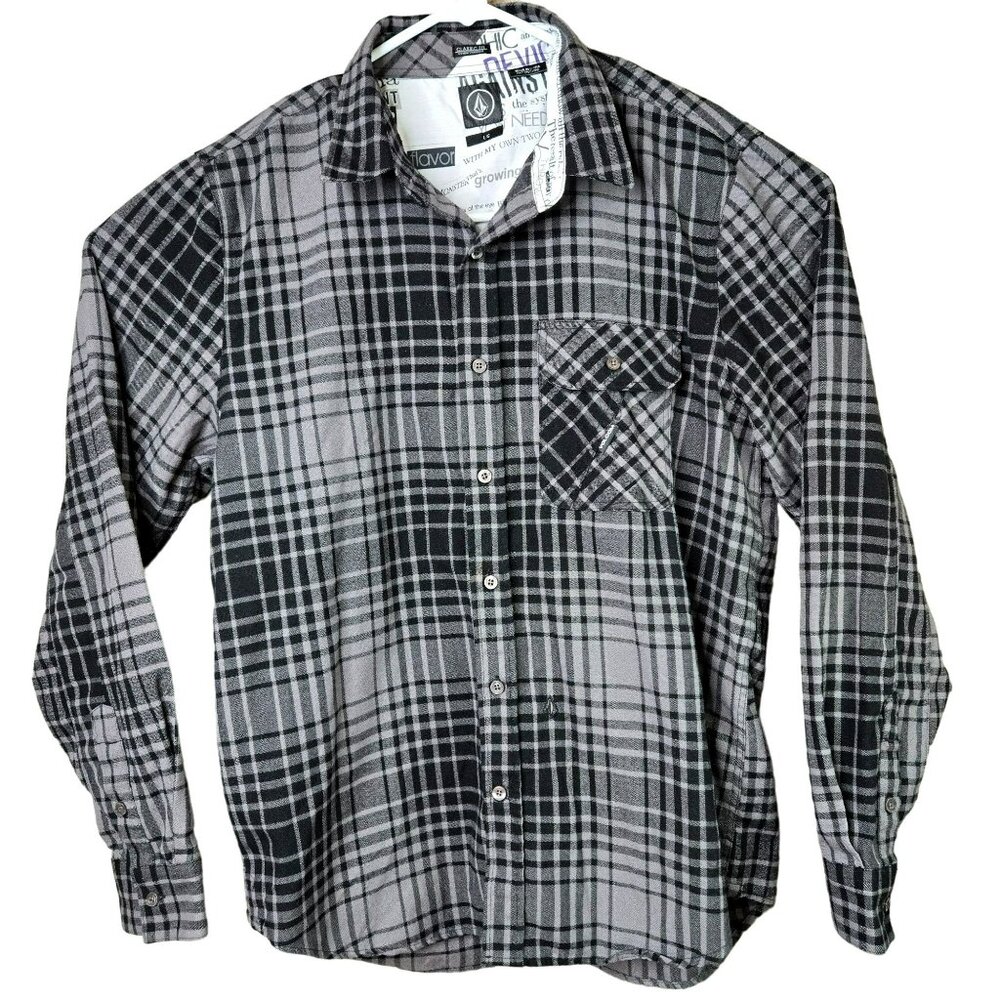 Volcom Mens Sz L Long Sleeve Plaid Shirt Classic Fit Black Gray Casual Button Up